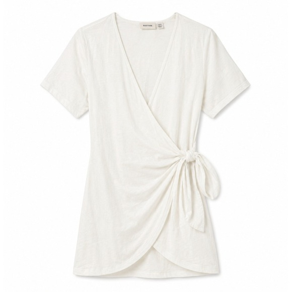 Rhythm Santorini Tie Front Mini‎ Dress White Ramie Rayon Wrap Size XS NWT